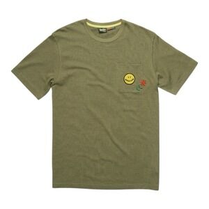 Howler Brothers Jacquard‎ Mens  Pocket Tee Olive Green Stripe Smiley Flower